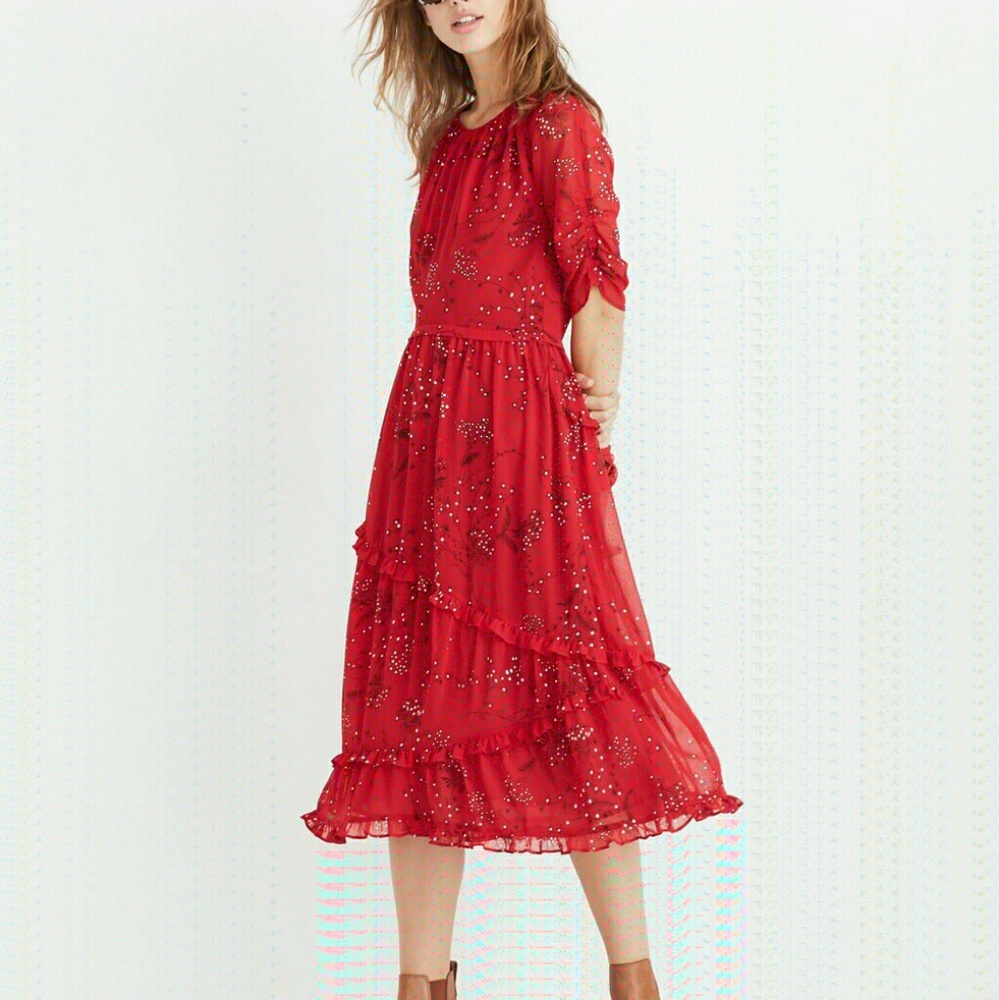 Madewell Red Floral Midi Dress Dress Size 16